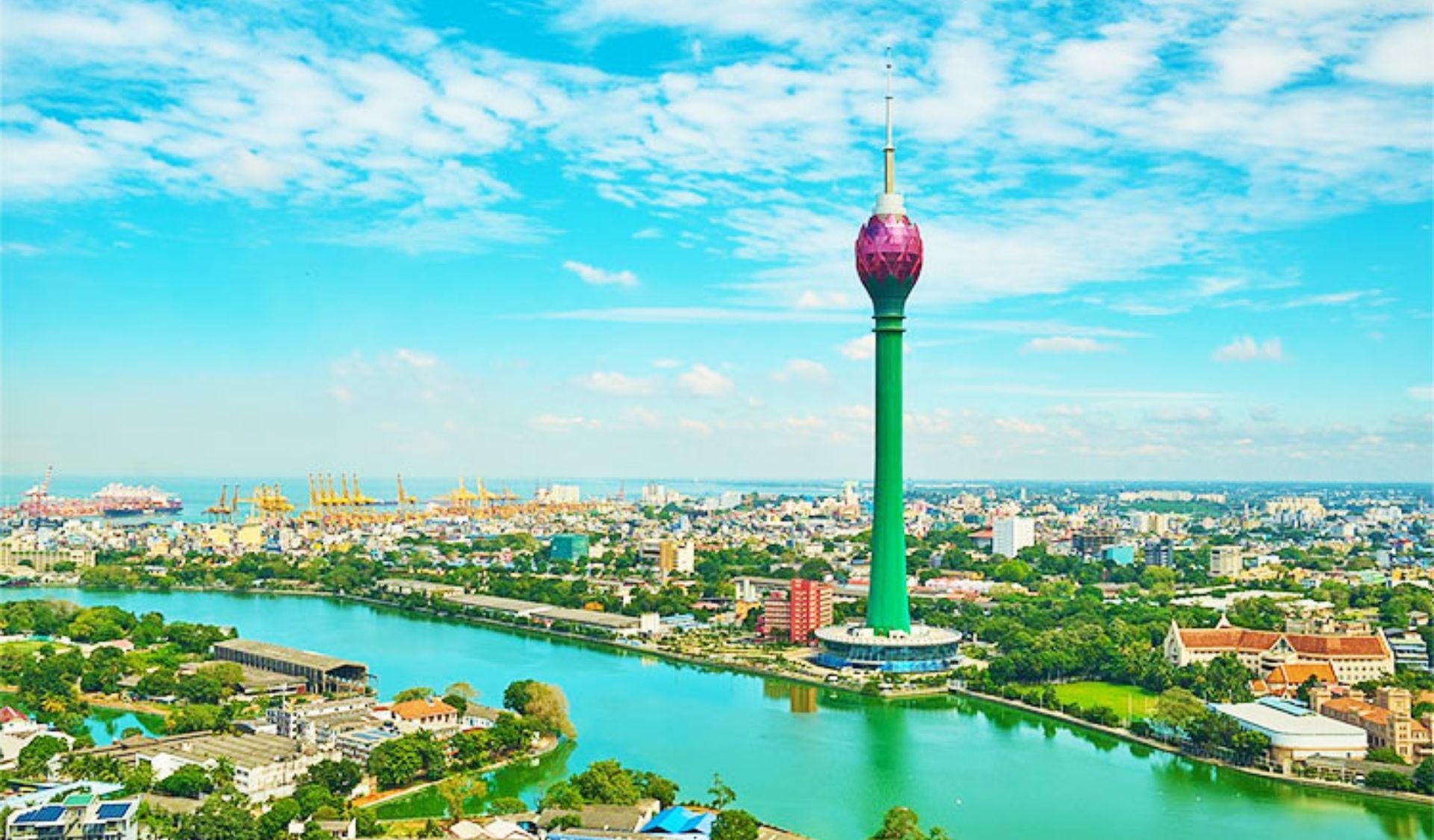Majestic Lotus Tower rising above Colombo skyline and Beira Lake.