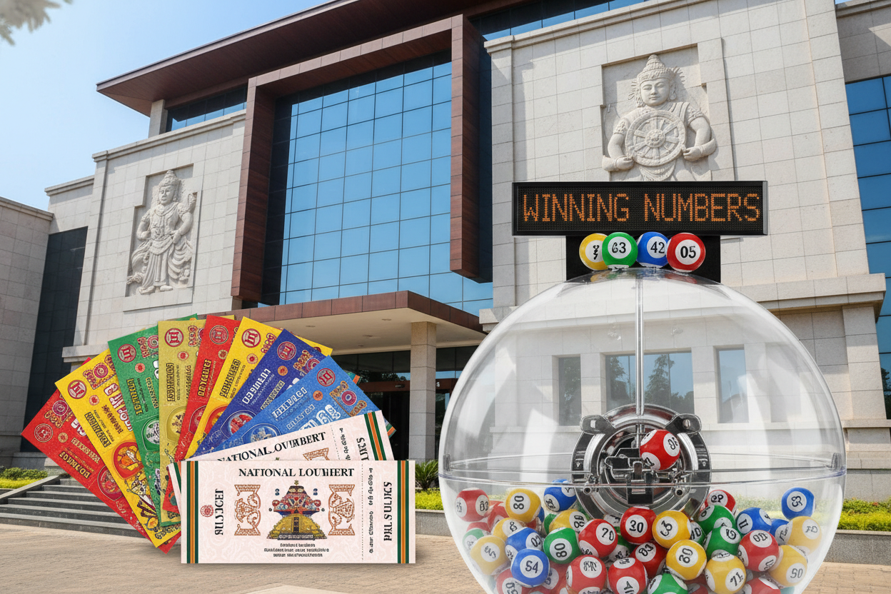 National Lotteries Board building with winning lottery numbers and tickets