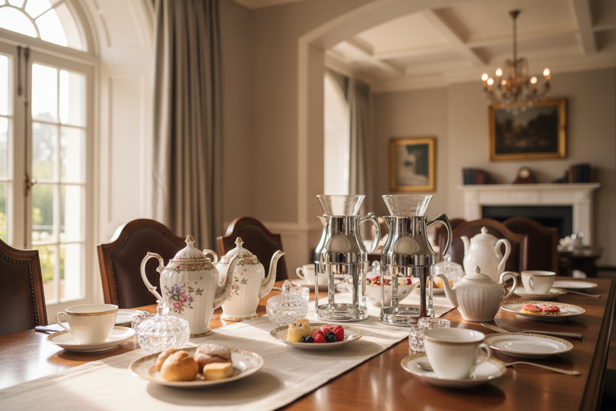 Elegant glass teapot with metal infuser and amber tea inside.