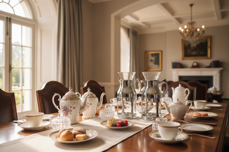 Elegant glass teapot with metal infuser and amber tea inside.