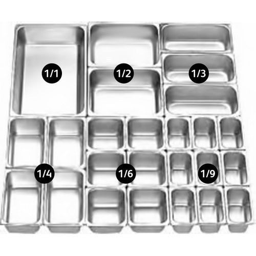 Stainless steel Gastronorm GN pans in sizes 1/1 to 1/9 arranged neatly.