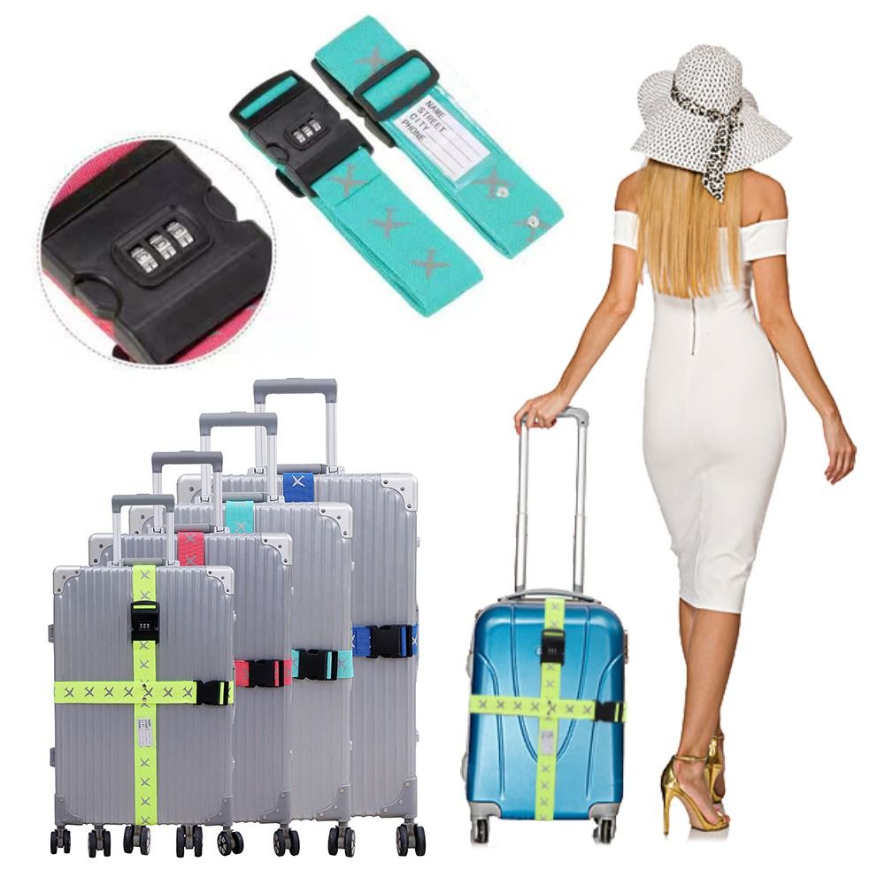 Stylish travel accessories including luggage straps, suitcases, and a fashionable traveler.