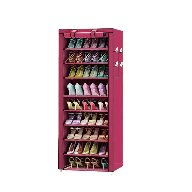 Tall maroon shoe rack with multiple shelves for organized storage