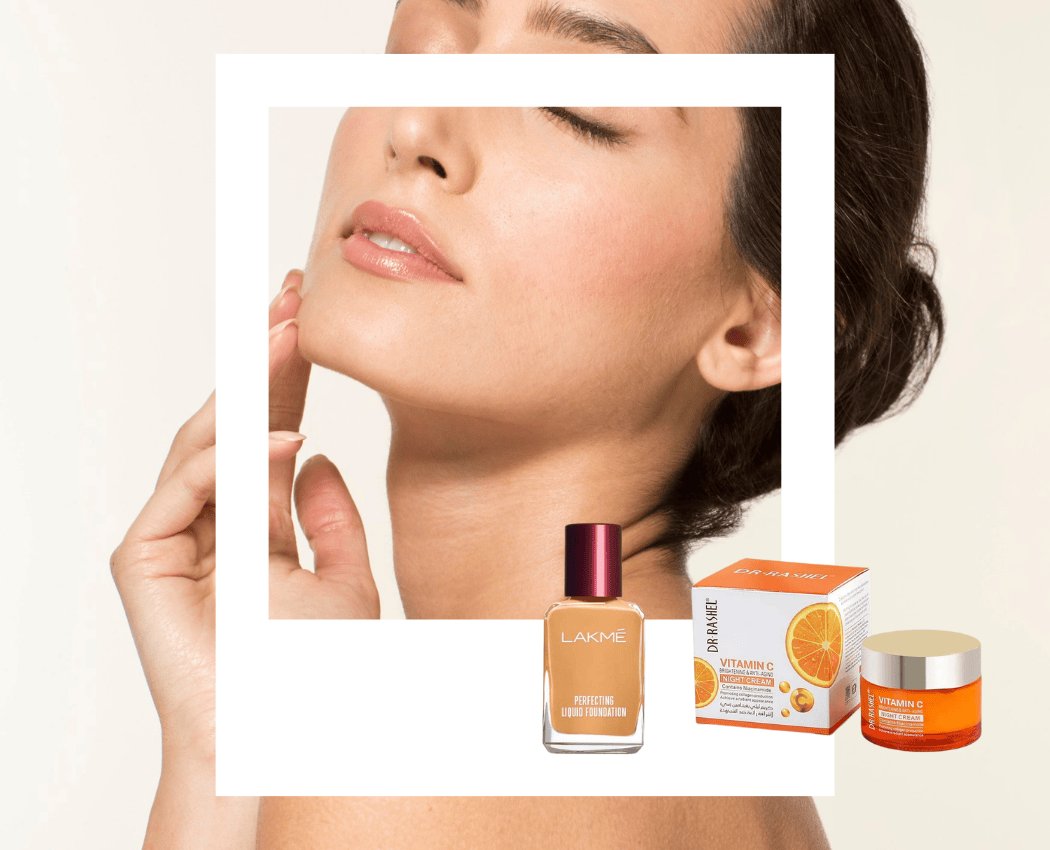 Radiant face with Lakme foundation and Vitamin C skincare products.
