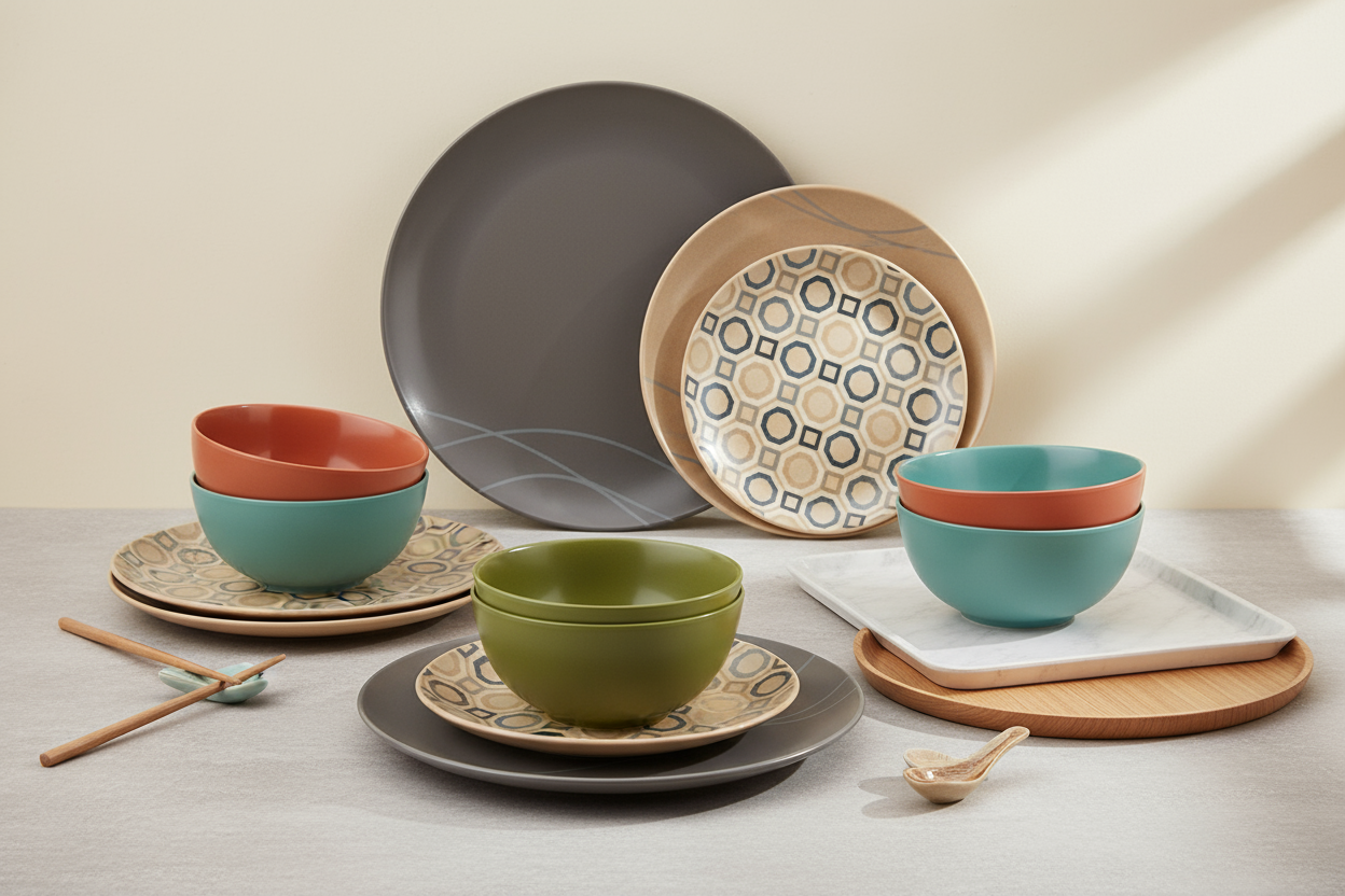 Vibrant red and black melamine plates and bowls set for stylish dining.