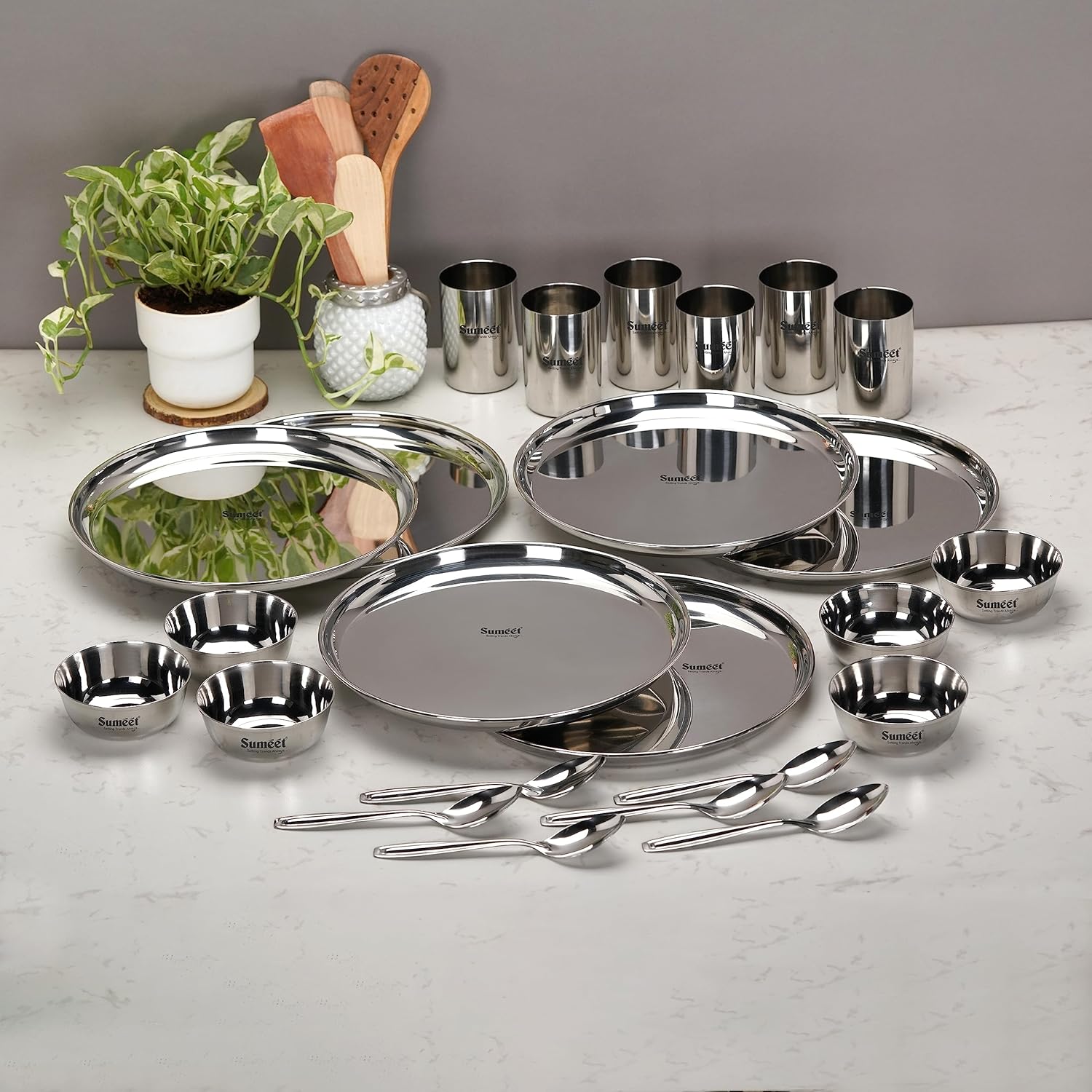 Premium stainless steel plates, bowls, tumblers, and spoons set.