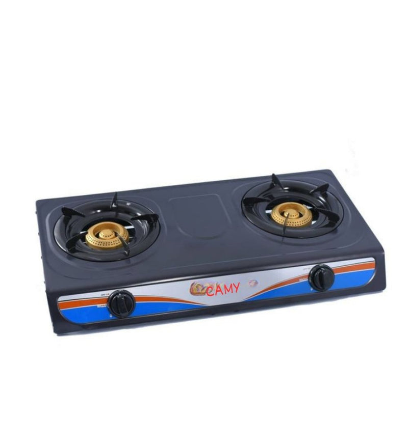 Sleek two-burner gas stove with brass burners and manual knobs.