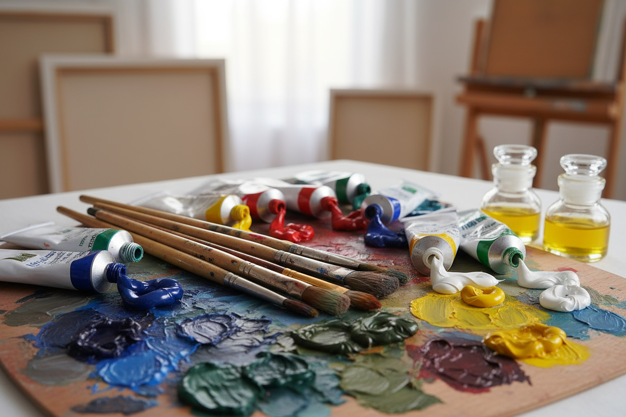 Premium artist brushes and vibrant oil colors on painter’s palette