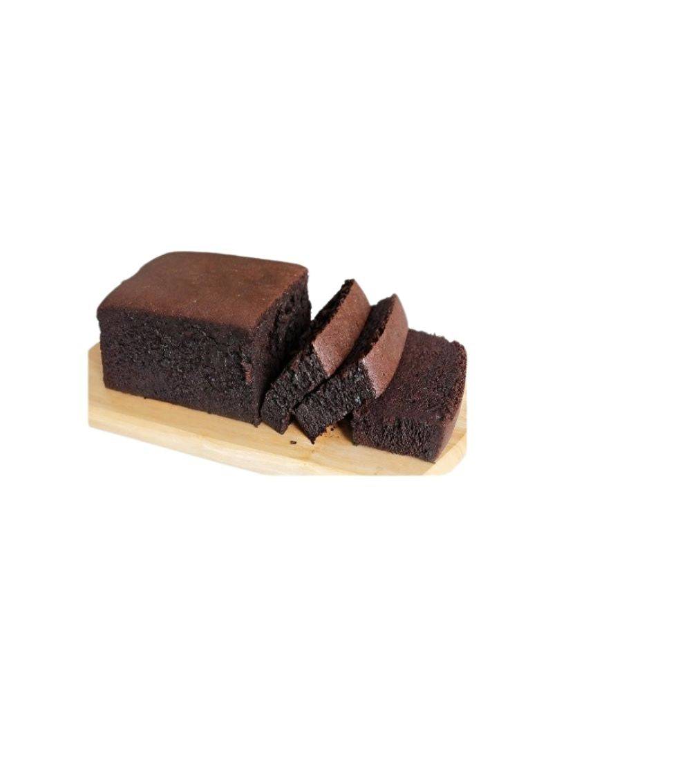 Rich and moist chocolate loaf cake sliced on wooden board