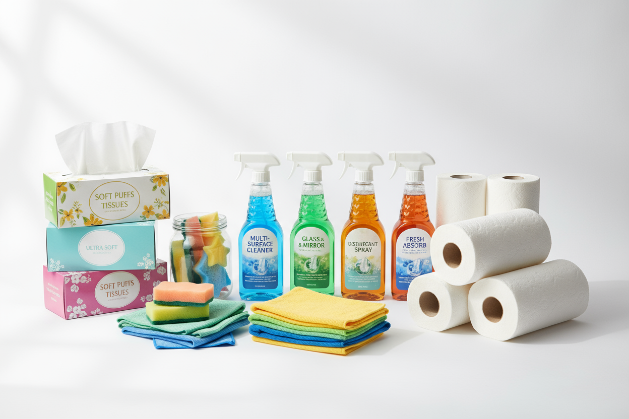 All-purpose cleaning supplies with sponges and disinfectant spray
