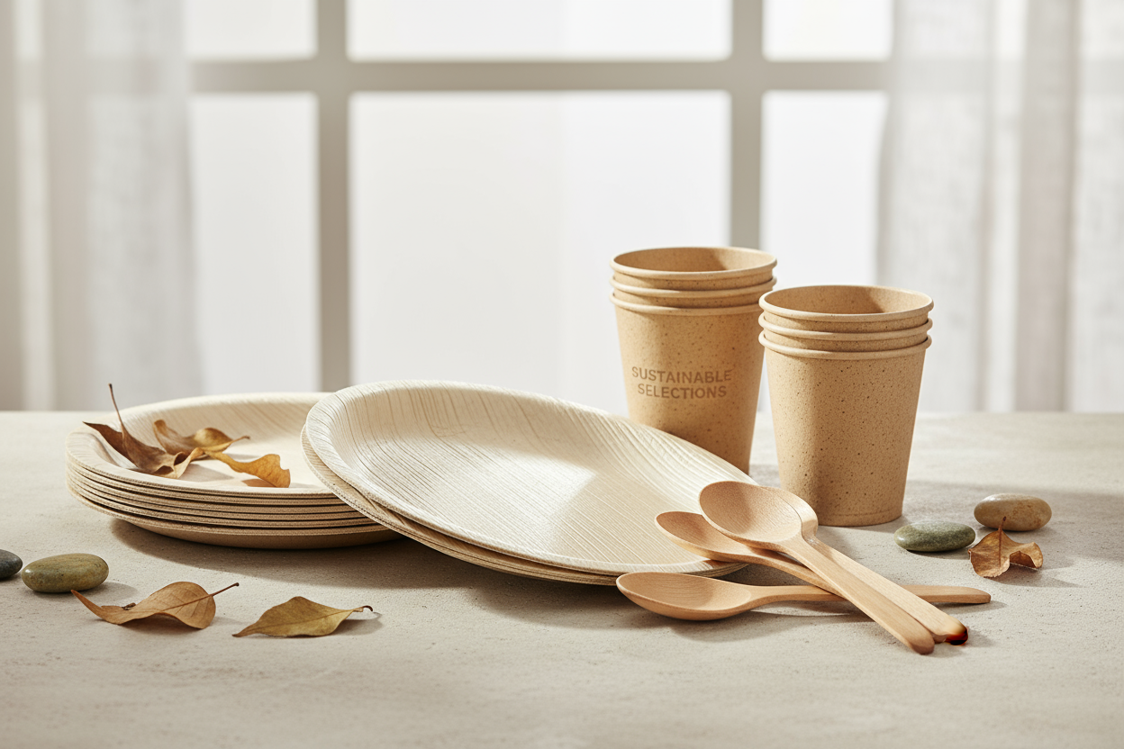 Assorted white disposable tableware including cups, plates, and trays