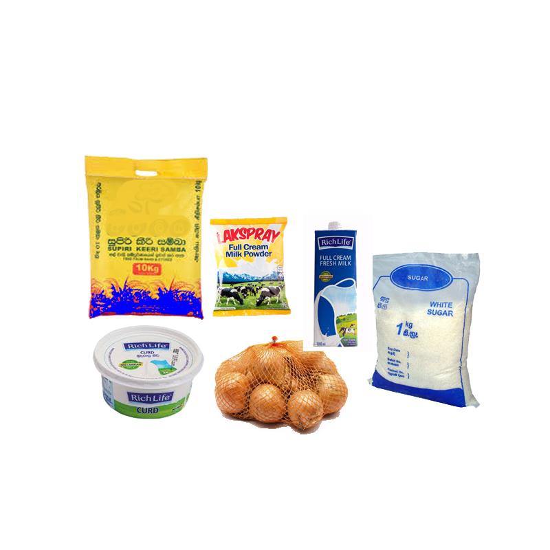 Essential groceries including rice, milk, sugar, onions, and yogurt