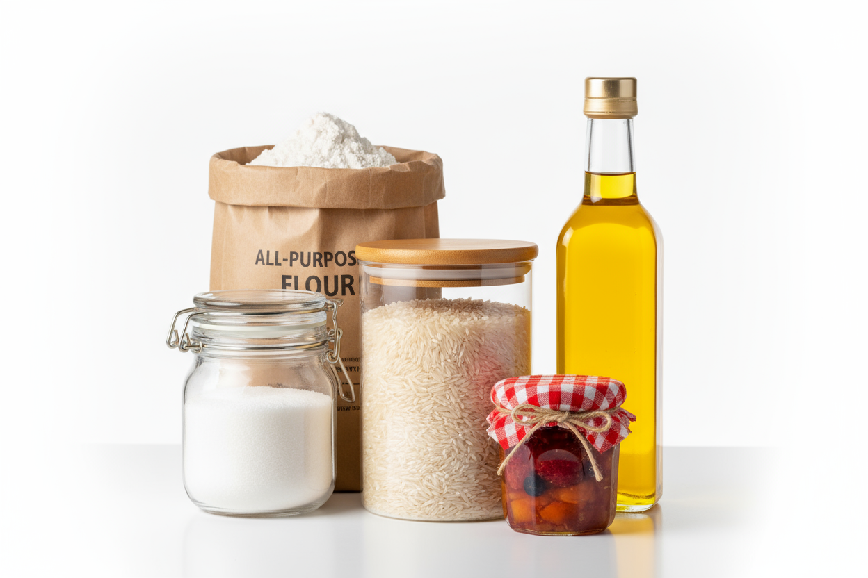 Essential grocery and household items including rice, milk powder, sugar, curd, and onions.