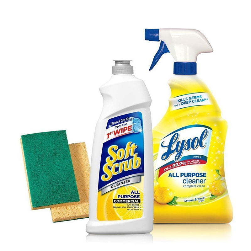 All-purpose cleaning supplies with sponges and disinfectant spray