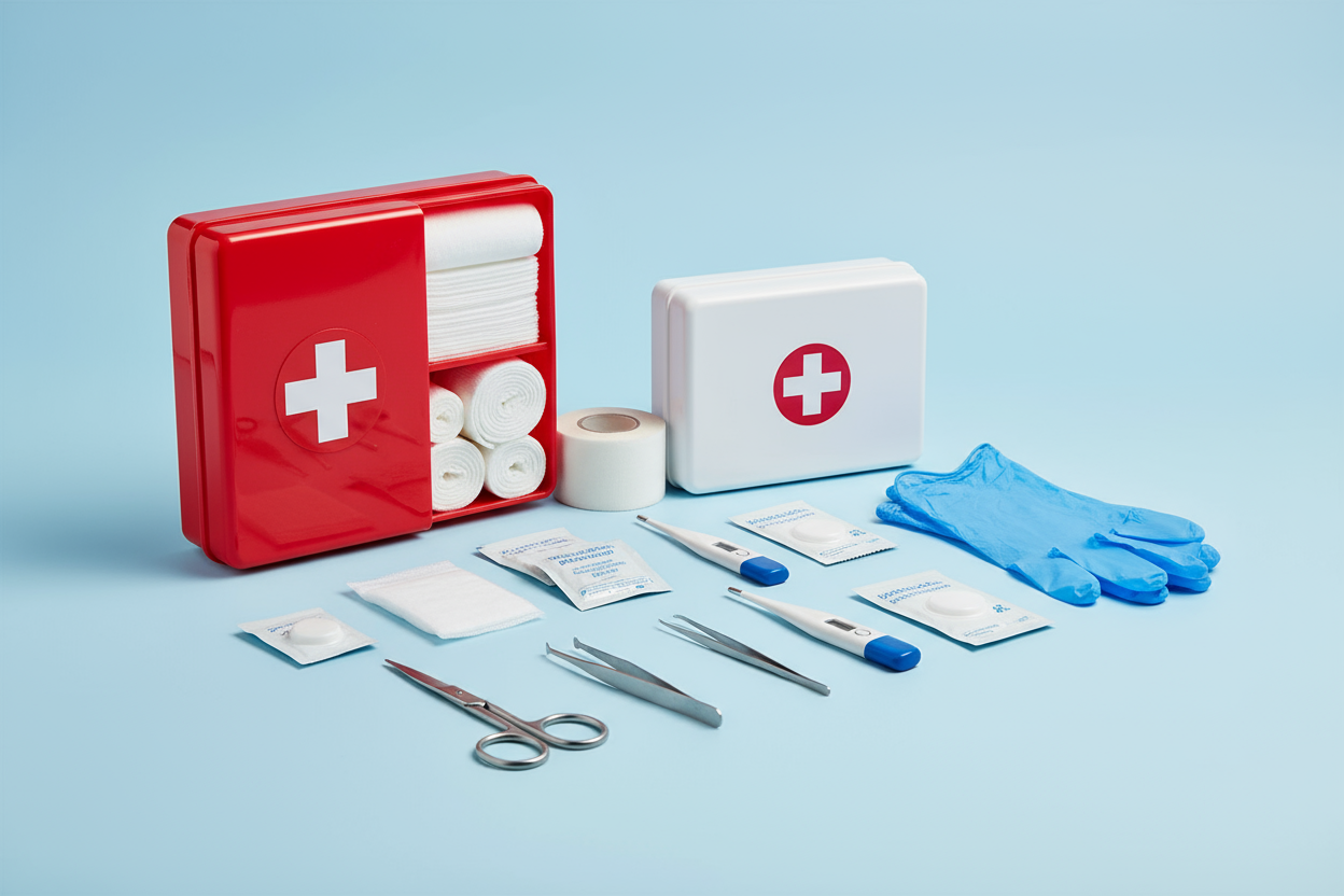 This is a white plastic first aid storage box with a transparent lid and a red handle.
