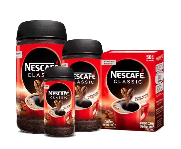 Nescafé Classic instant coffee jars and box with rich aroma and flavor.