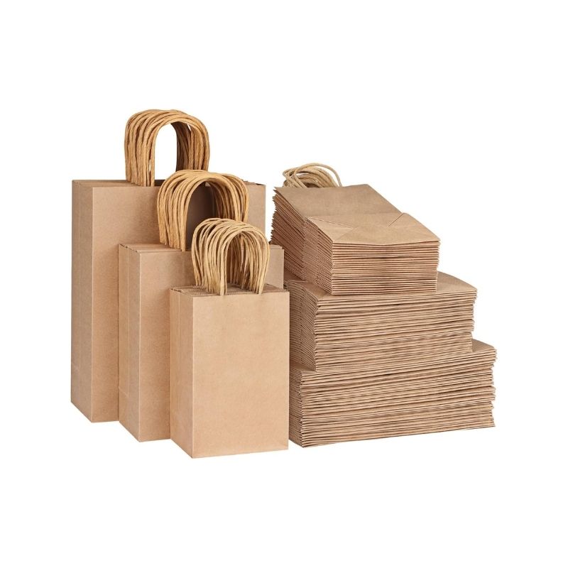 Eco-friendly kraft paper bags and boxes with twisted handles.
