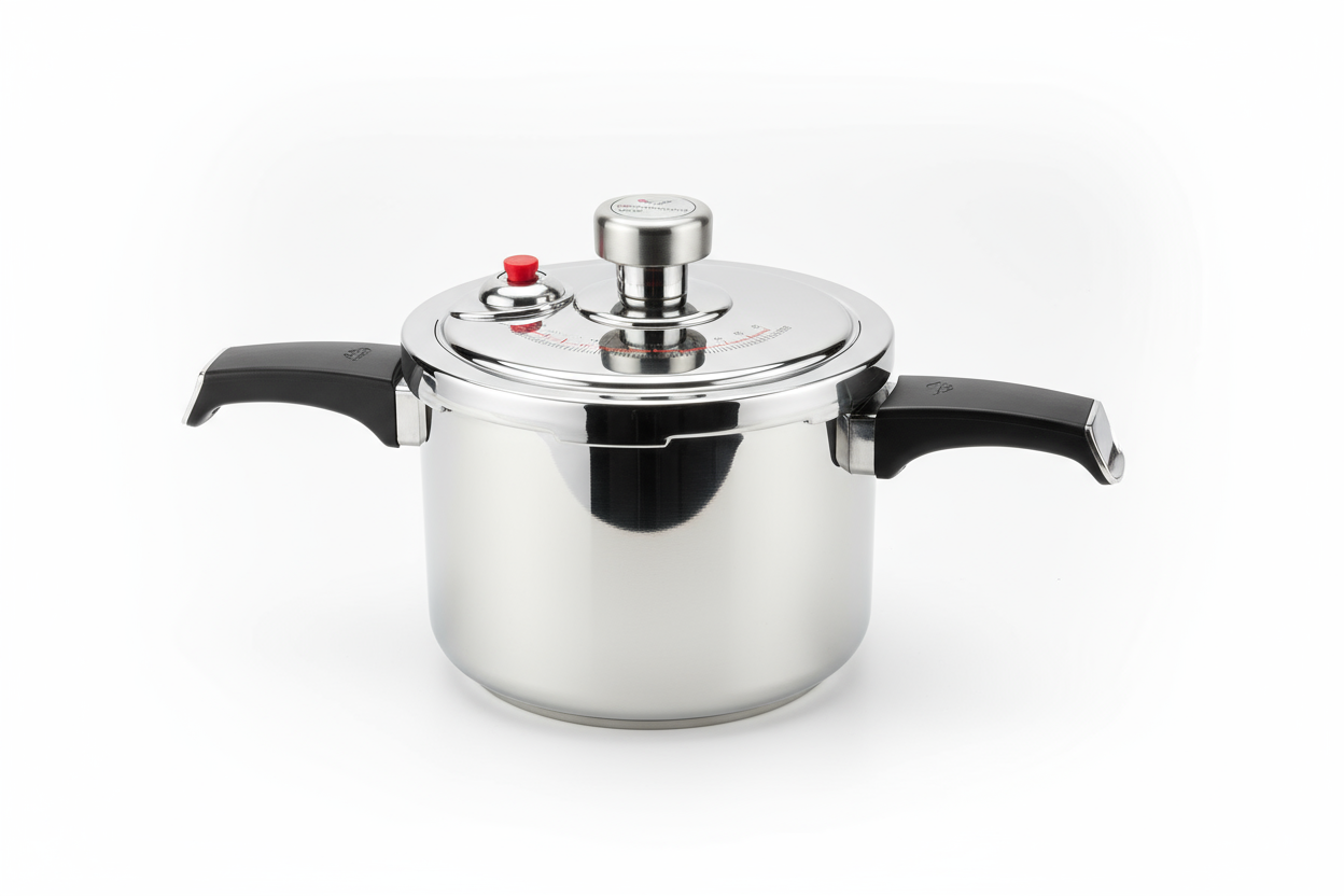 Durable stainless steel pressure cooker set with extra cooking pan.