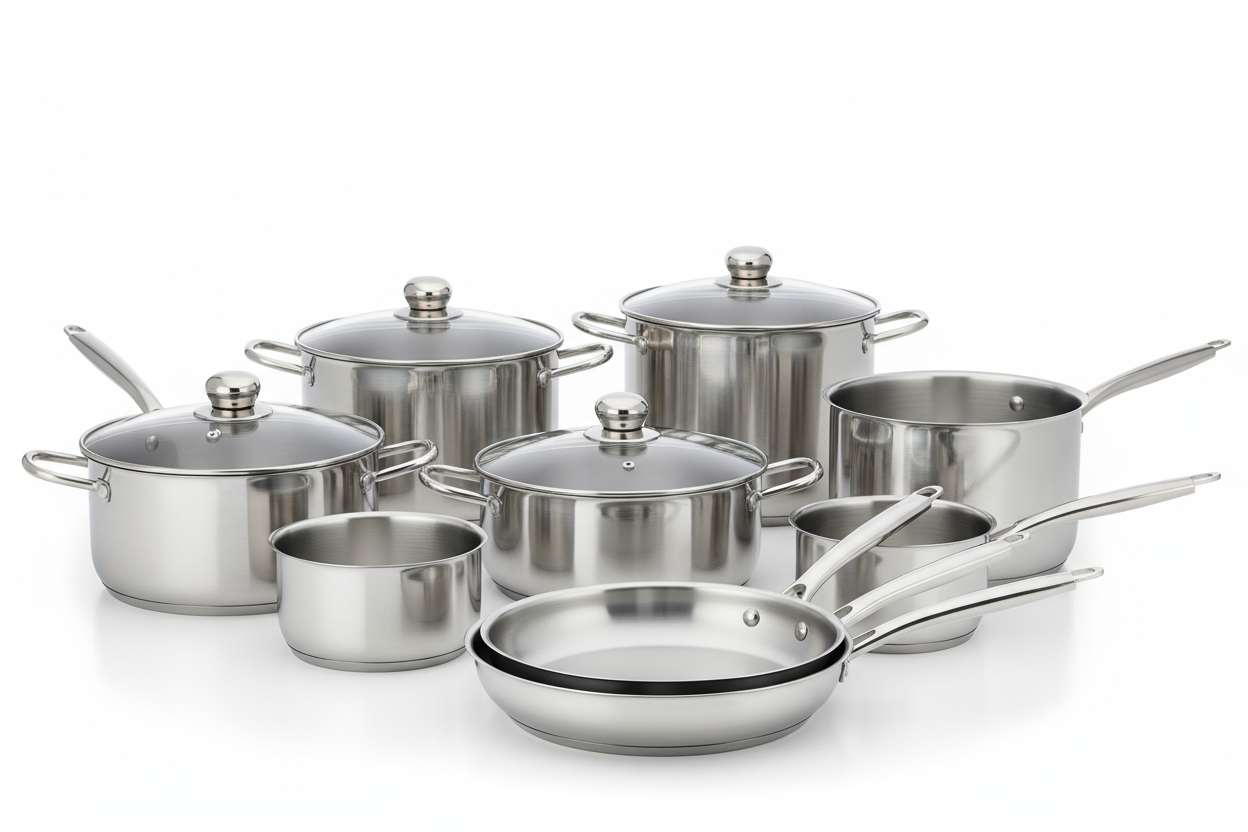 Stainless steel cookware set with gold handles and glass lids.