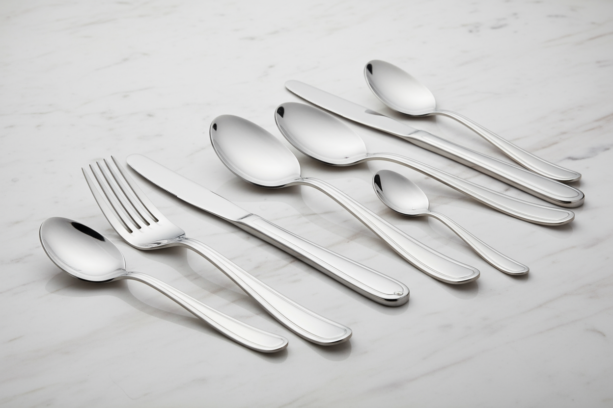 Elegant rose gold knife and cutlery set on a formal dining table.