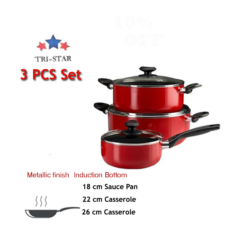 Tri Star Cookware 3-piece red set with induction bottom and lids.