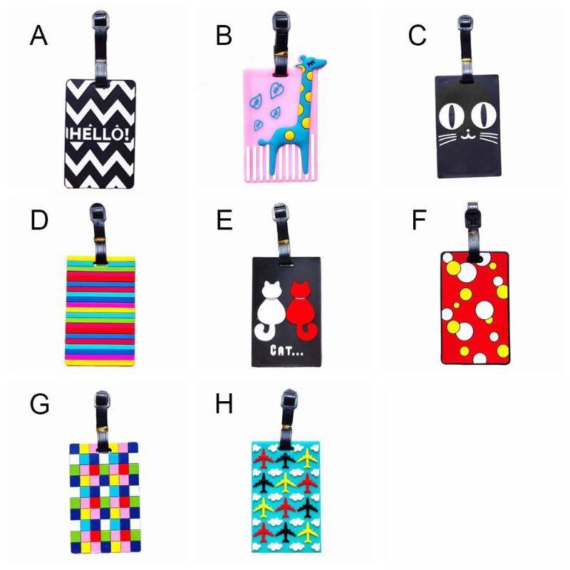 Assorted Travel Luggage Tags in various vibrant designs including animals, stripes, and geometric patterns, ideal for travel bags.