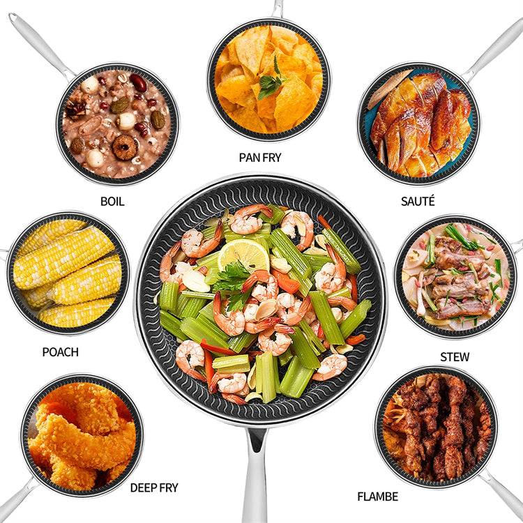 Versatile stainless steel frying pan suitable for pan frying, sautéing, boiling, poaching, deep frying, stewing, and flambéing various dishes.