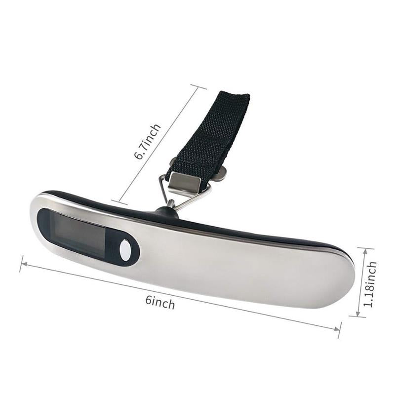 Portable Luggage Scale - Weigh Your Bags Anywhere | Bamagate.com. Compact electronic luggage scale with dimensions shown, featuring a durable strap.