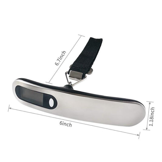 Portable Luggage Scale - Weigh Your Bags Anywhere | Bamagate.com. Compact electronic luggage scale with dimensions shown, featuring a durable strap.