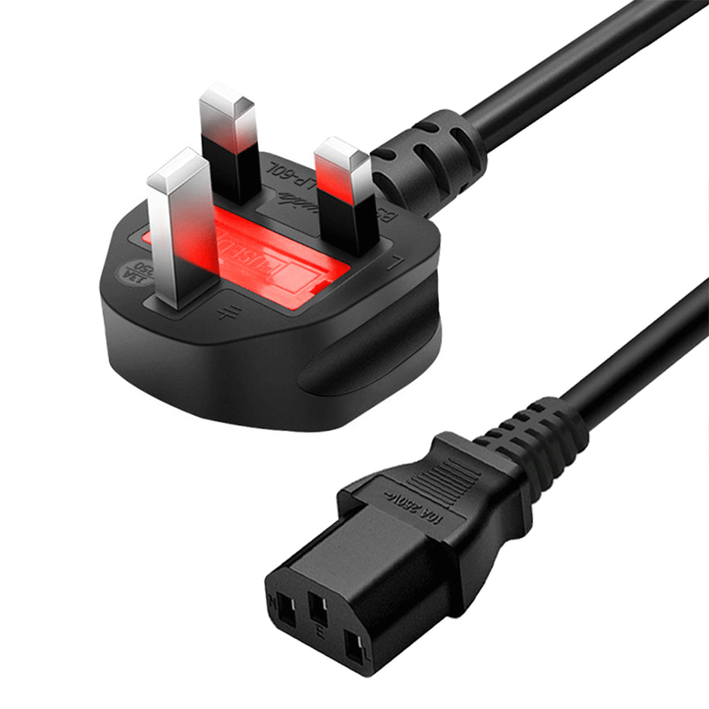 Close-up of Computer Power Cable with Fuse - High Quality | PC Cable showing fused UK plug and durable C13 connector for safe computer power.