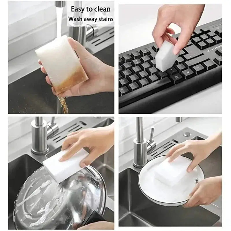 3Pcs White Magic Sponge used on keyboard, dishes, and sink for versatile stain removal. Effective cleaning tool for kitchen and household surfaces.