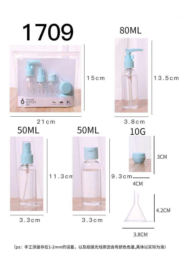 Clear plastic 6PCS travel cosmetic bottles set with size labels from 10ml to 80ml, featuring pump, spray, and funnel for easy liquid transfer.