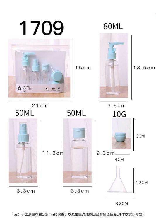 Clear plastic 6PCS travel cosmetic bottles set with size labels from 10ml to 80ml, featuring pump, spray, and funnel for easy liquid transfer.
