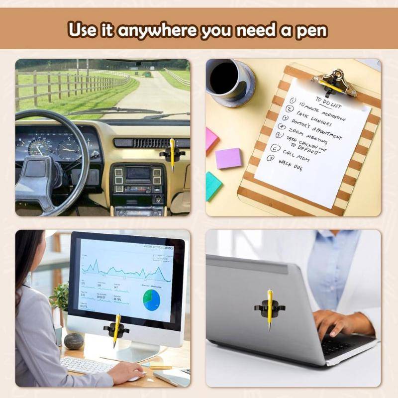 Hole-Free Wire Holder used in car, office desk, and laptop for pen organization, highlighting multi-purpose cable clip utility.