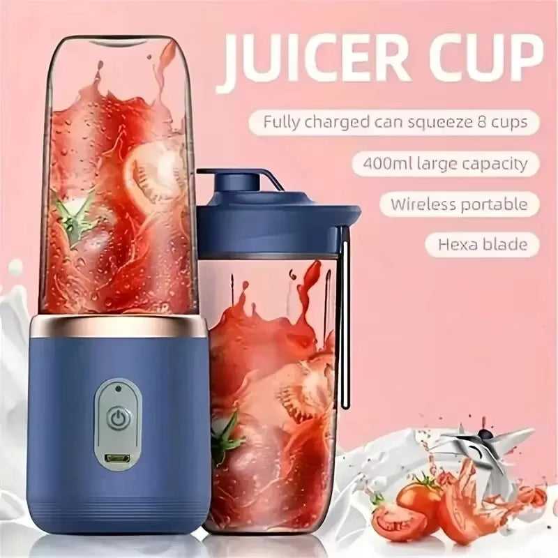 USB rechargeable 400 ml juicer cup in blue with hexa blade and portable design, capable of squeezing 8 cups when fully charged.
