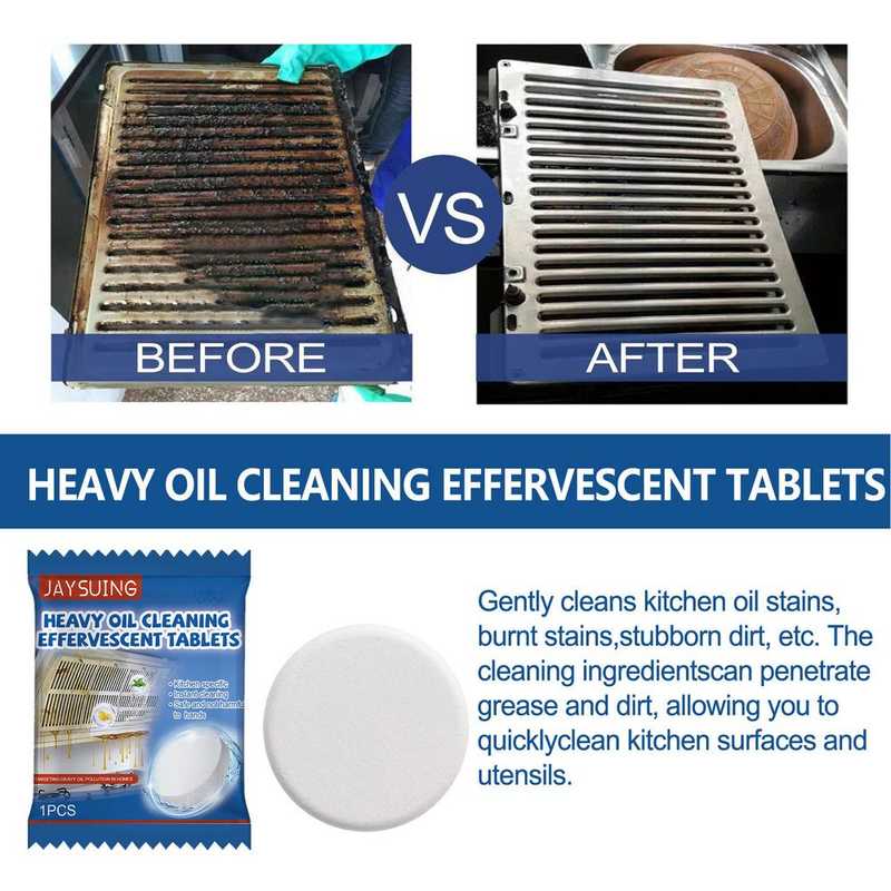 Kitchen Oven Hood Oil Grease Cleaning Tablet 10PCS removes stubborn grime from oven parts, showing effective degreasing power in before-and-after comparison.