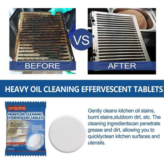Kitchen Oven Hood Oil Grease Cleaning Tablet 10PCS removes stubborn grime from oven parts, showing effective degreasing power in before-and-after comparison.