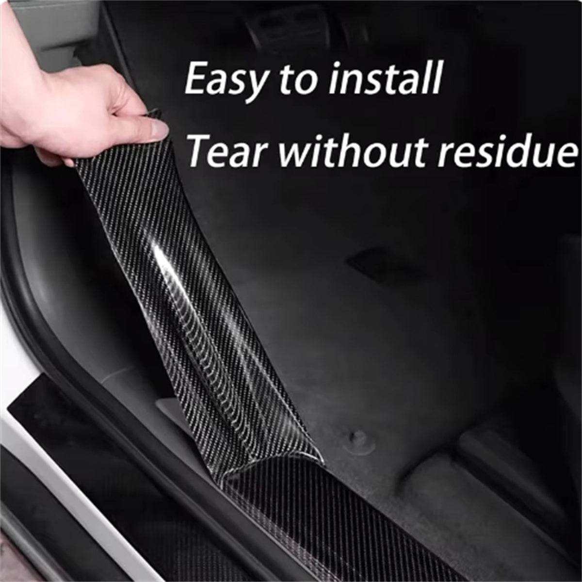 Carbon Nanofiber Tape Car Door Edge 3m being peeled off easily without residue, highlighting simple installation on car interior.