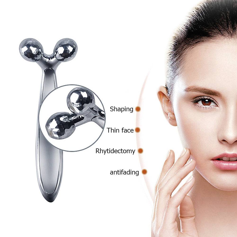 3D Face & Body Massager Roller shown with female model highlighting benefits like shaping, thin face, rhytidectomy, and anti-fading for skincare routines.