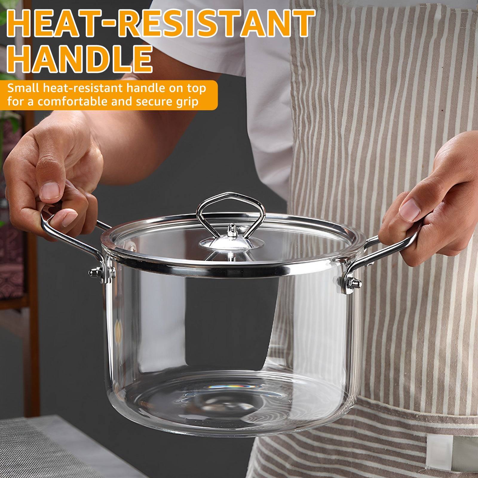 Heat Resistant Glass Pot - 3.5L Cooking Glass with stainless steel handles and lid, ideal for oven and microwave use. Durable borosilicate glass design.
