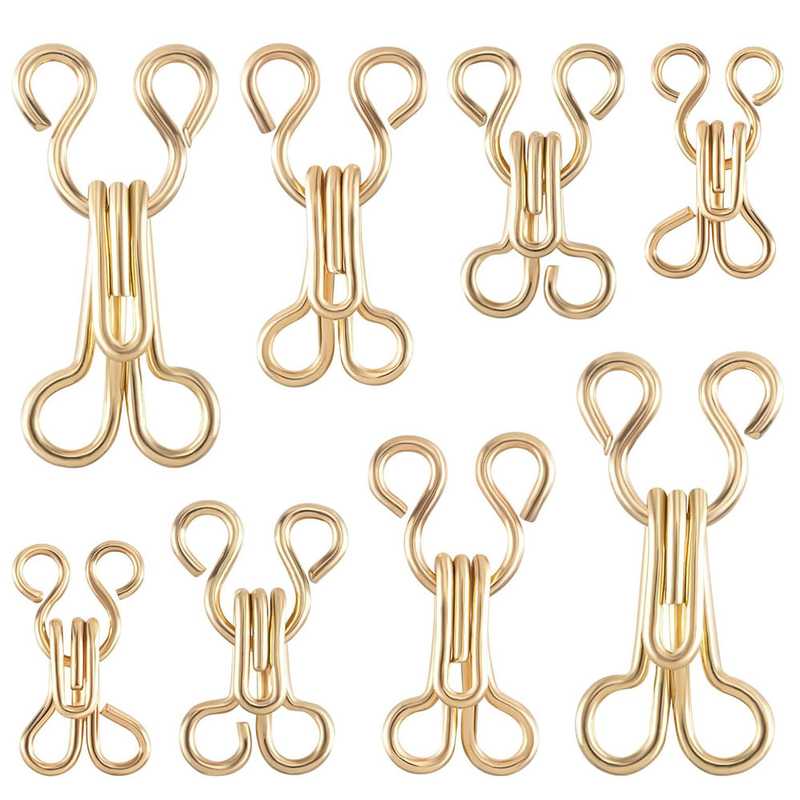 Brass cloth sewing hooks and eye closures set of 20 pairs, ideal for garment fastening and tailoring projects in arts and crafts.