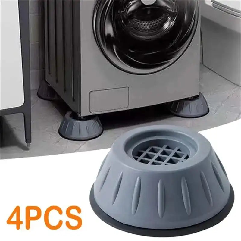 Set of 4 anti-vibration pads for washing machines shown in use under appliance feet, designed to stabilize and protect floors from shock.