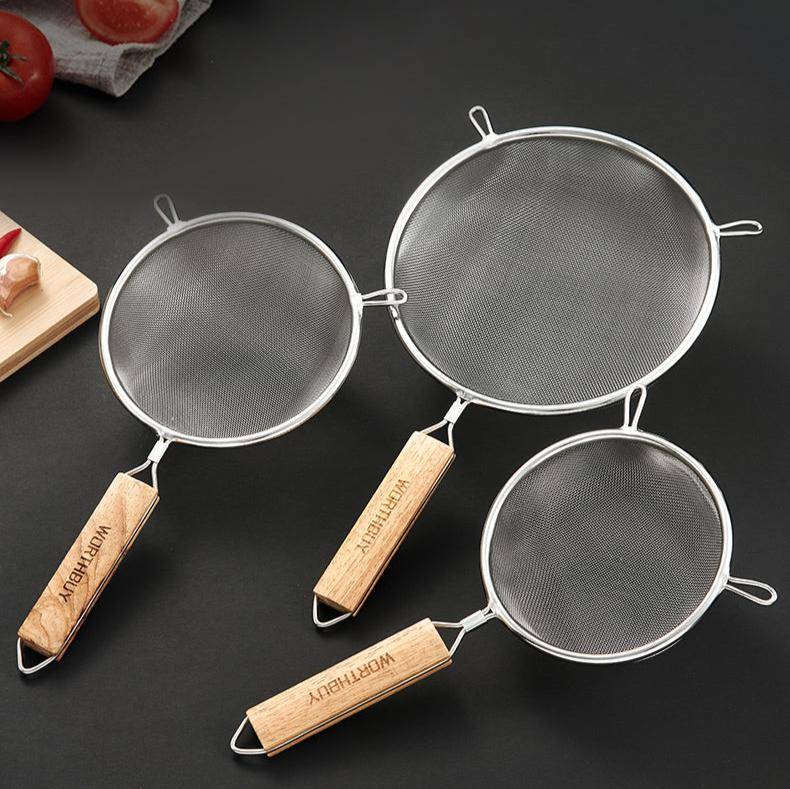 Set of three Double Ear Food Strainers with 20CM size option, featuring wooden handles and fine mesh for versatile kitchen use and efficient draining.