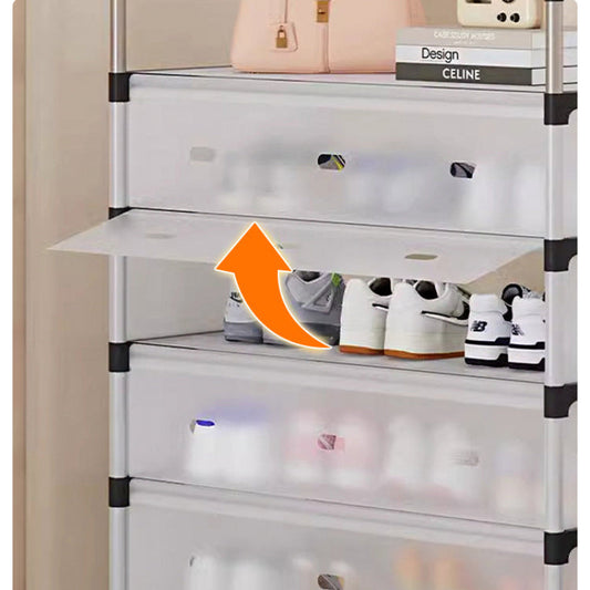 Durable Shoe Rack with Dust Cover showing flip door design for easy access and dust protection, ideal for modern home shoe storage solutions.