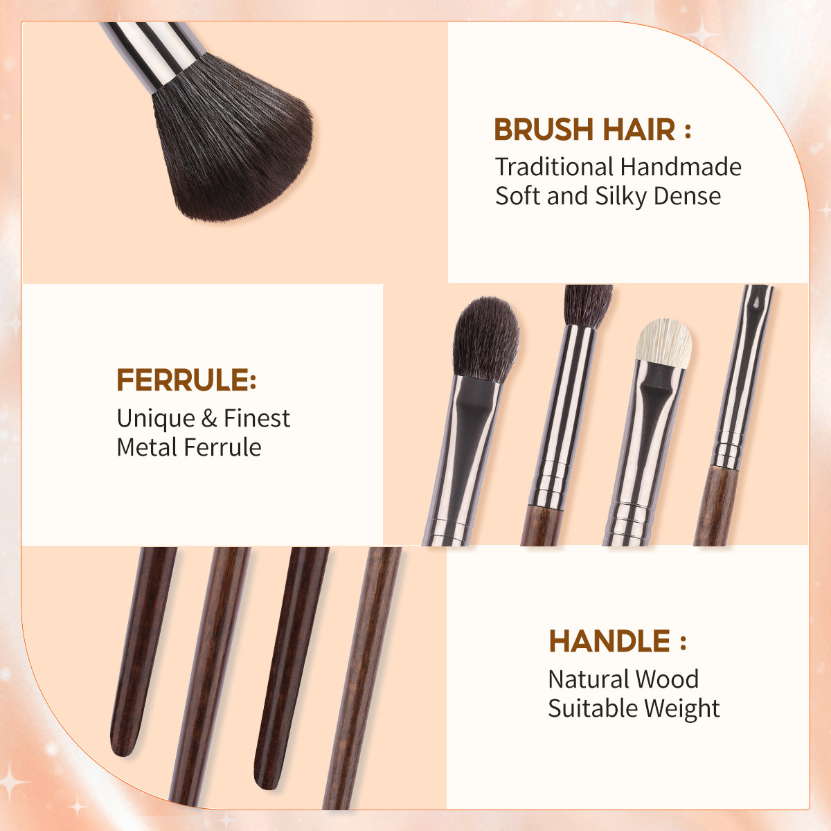 Close-up of HUDA BEAUTY Makeup Brush Set 12PCS highlighting soft brush hair, metal ferrule, and natural wood handle for precise cosmetic use.