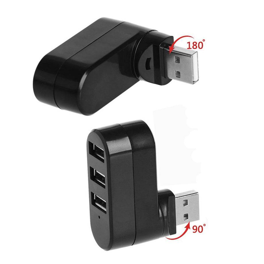 Black 3 Port Rotatable USB Adapter with 180° and 90° rotation angles, ideal for flexible USB positioning in tight spaces.