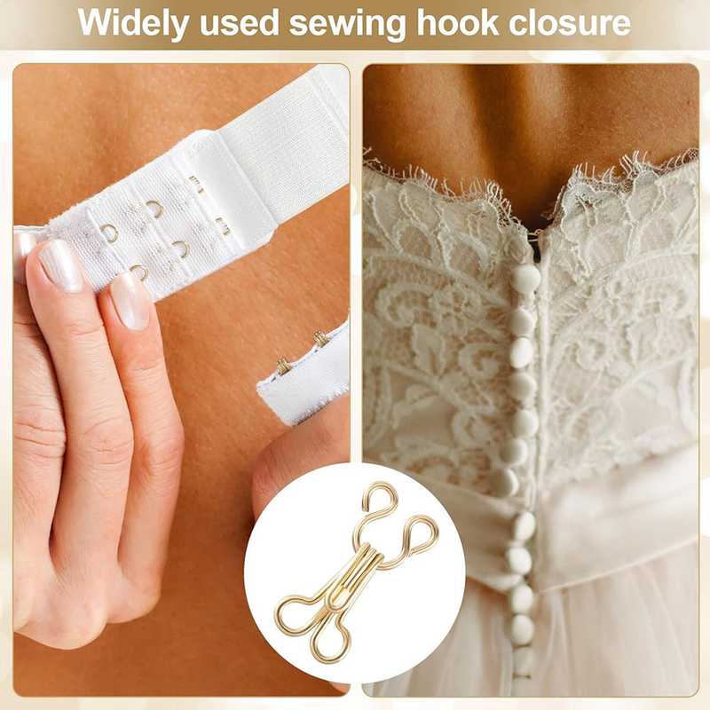 Sewing hooks & eye closure used on a lace dress and elastic band, showcasing secure fastening for bridal and fashion garments.
