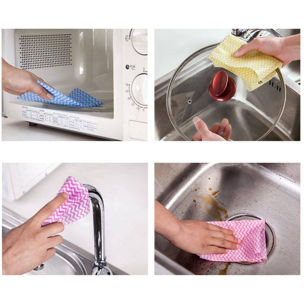 Non Woven Cleaning Cloths 25pcs used on microwave, glass lid, sink, and faucet, showcasing versatile and residue-free cleaning.