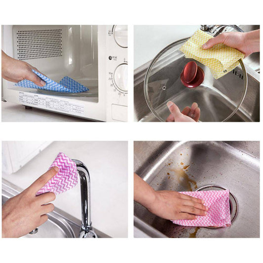 Non Woven Cleaning Cloths 25pcs used on microwave, glass lid, sink, and faucet, showcasing versatile and residue-free cleaning.