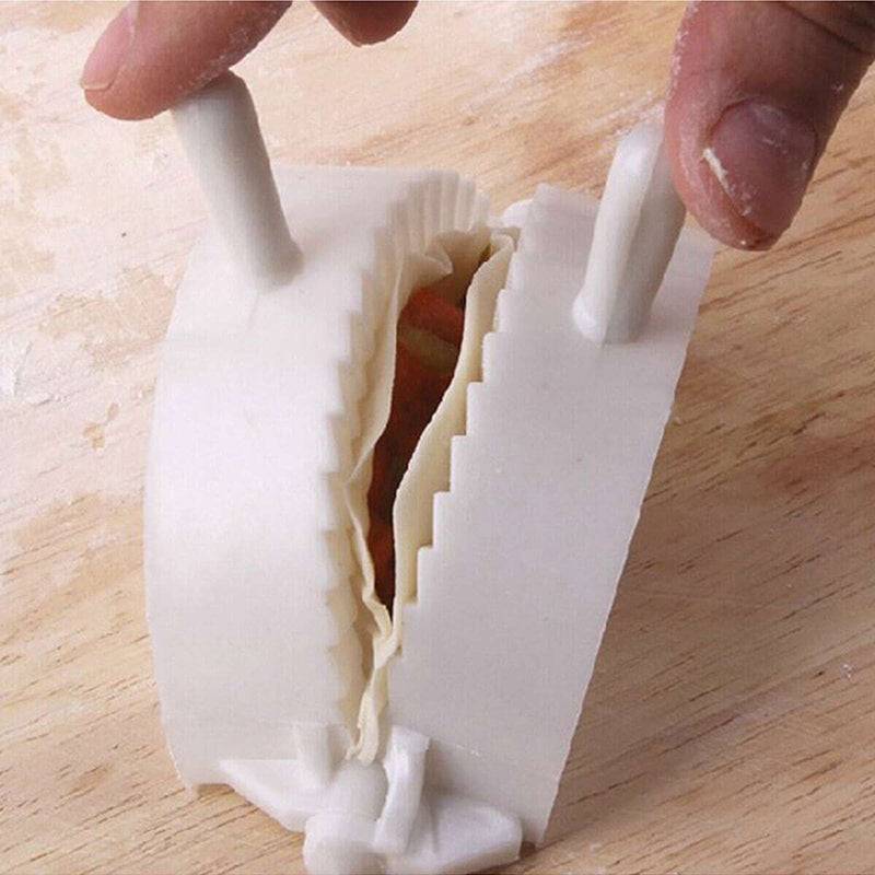 Plastic Patties Mould in use, pressing dough with filling to create uniform patties; ideal kitchen tool for homemade burgers or dumplings.